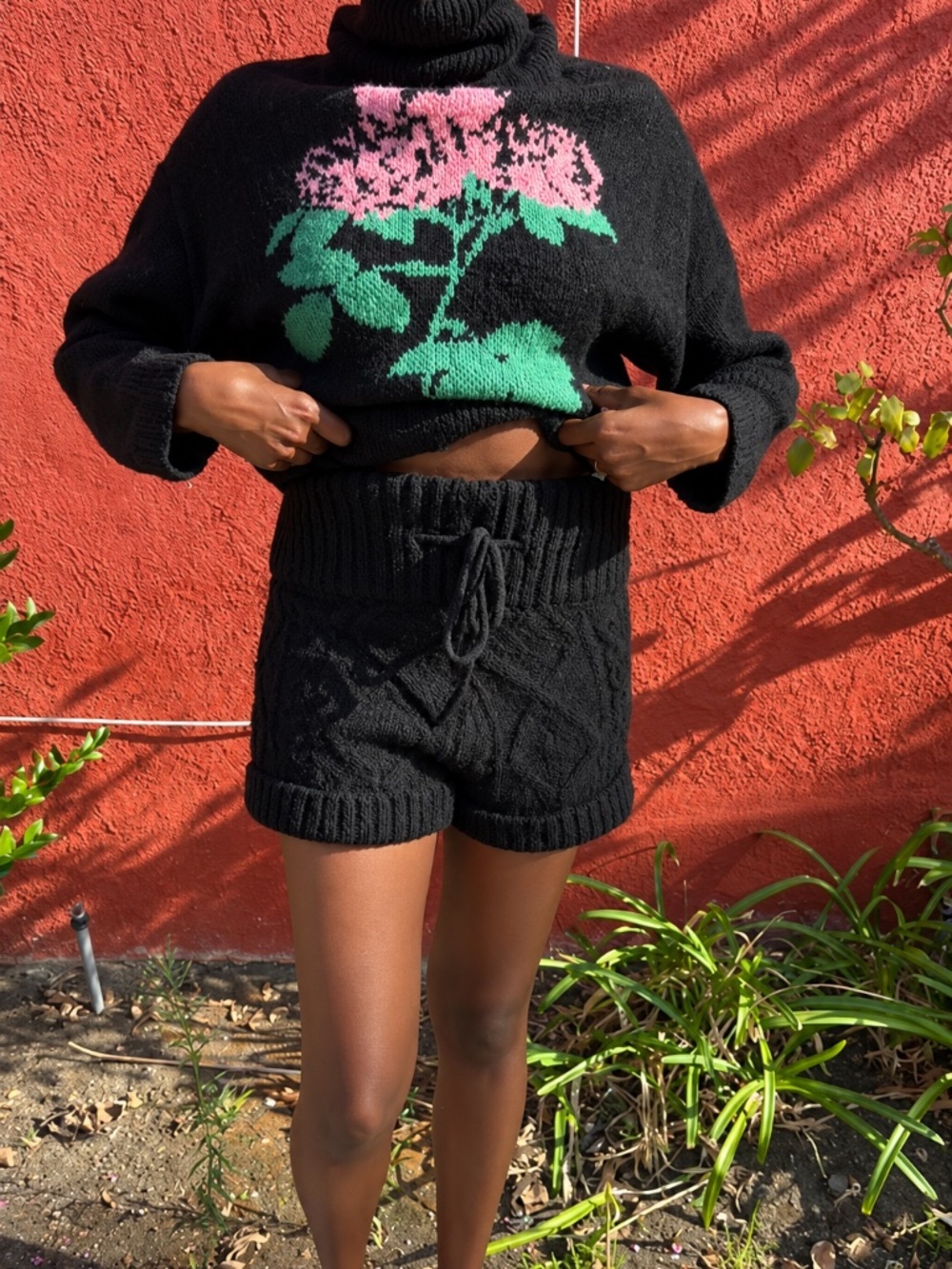 Serpenti Black Floral Knit Turtleneck with Cable Knit Shorts